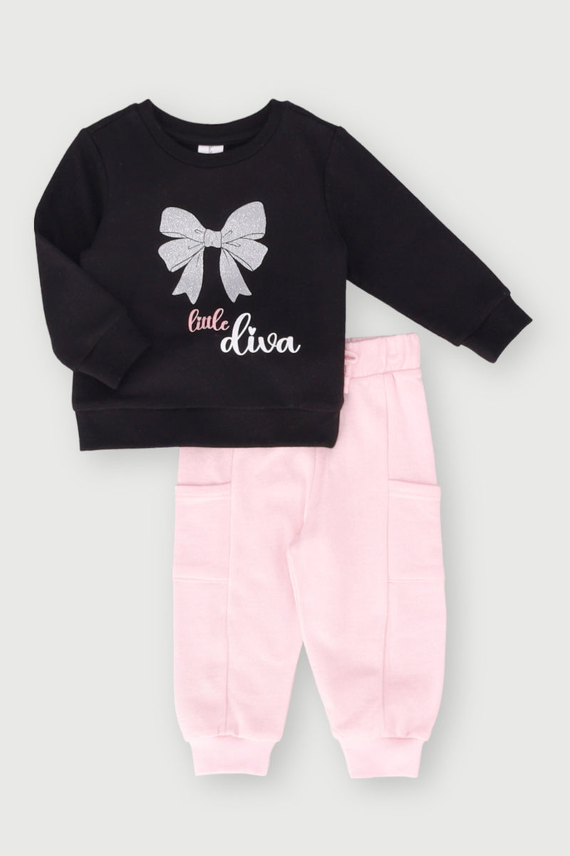 Little Diva Bow Slogan Tracksuit - Black/Pink