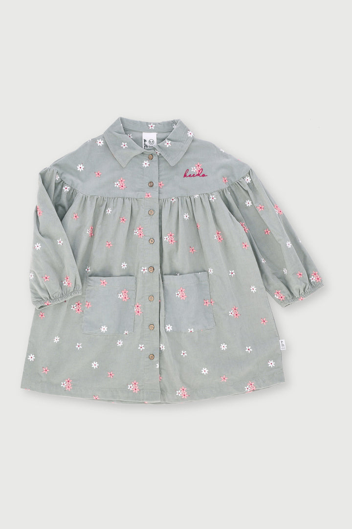 Keedo Girls Embroidered Corduroy Dress - Sage