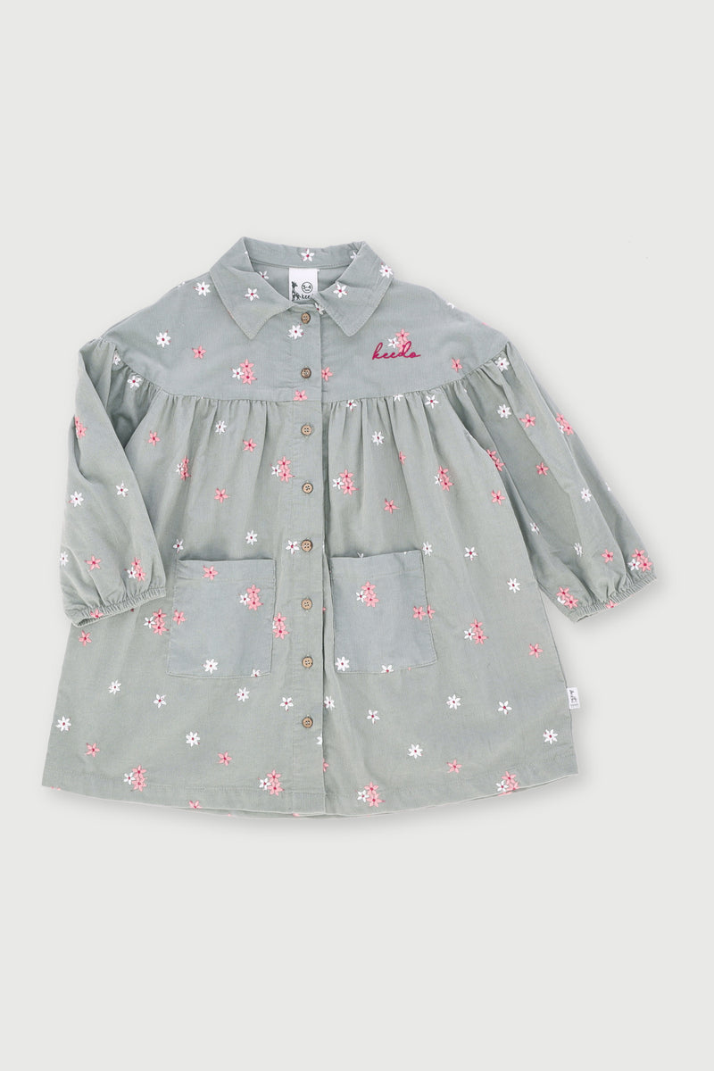 Keedo Girls Embroidered Corduroy Dress - Sage