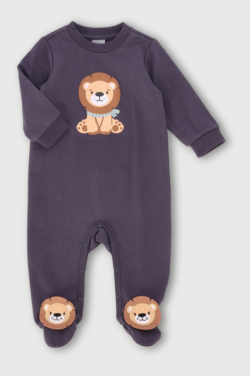Baby Boys Lion Brushed Fleece Hooded Romper - Charcoal
