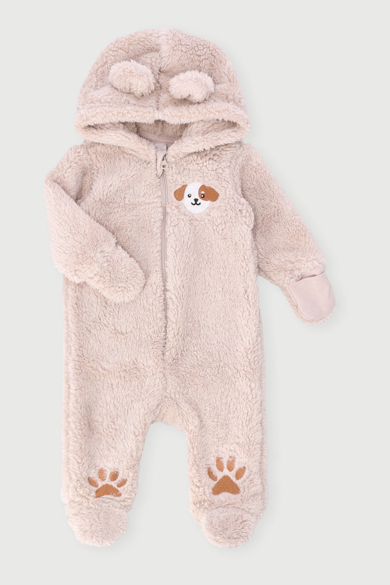 Baby Boys Puppy Hooded Sherpa Sleepsuit  - Beige