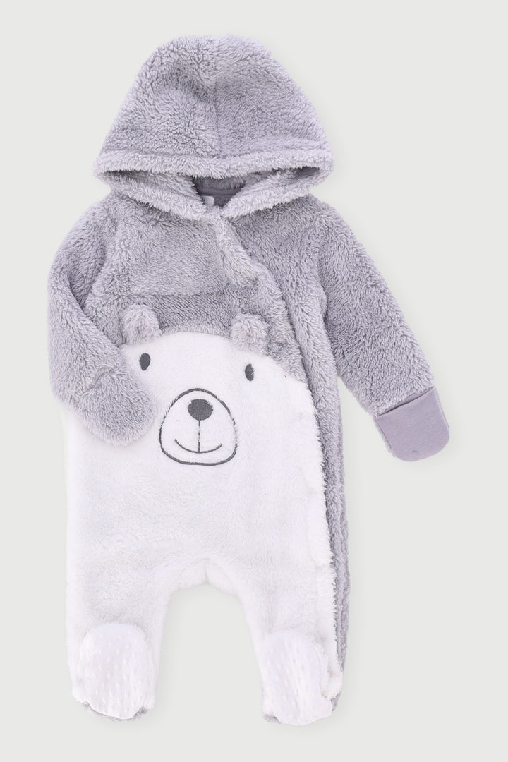 Baby Boys Sherpa Novelty Hooded Sleepsuit - Grey
