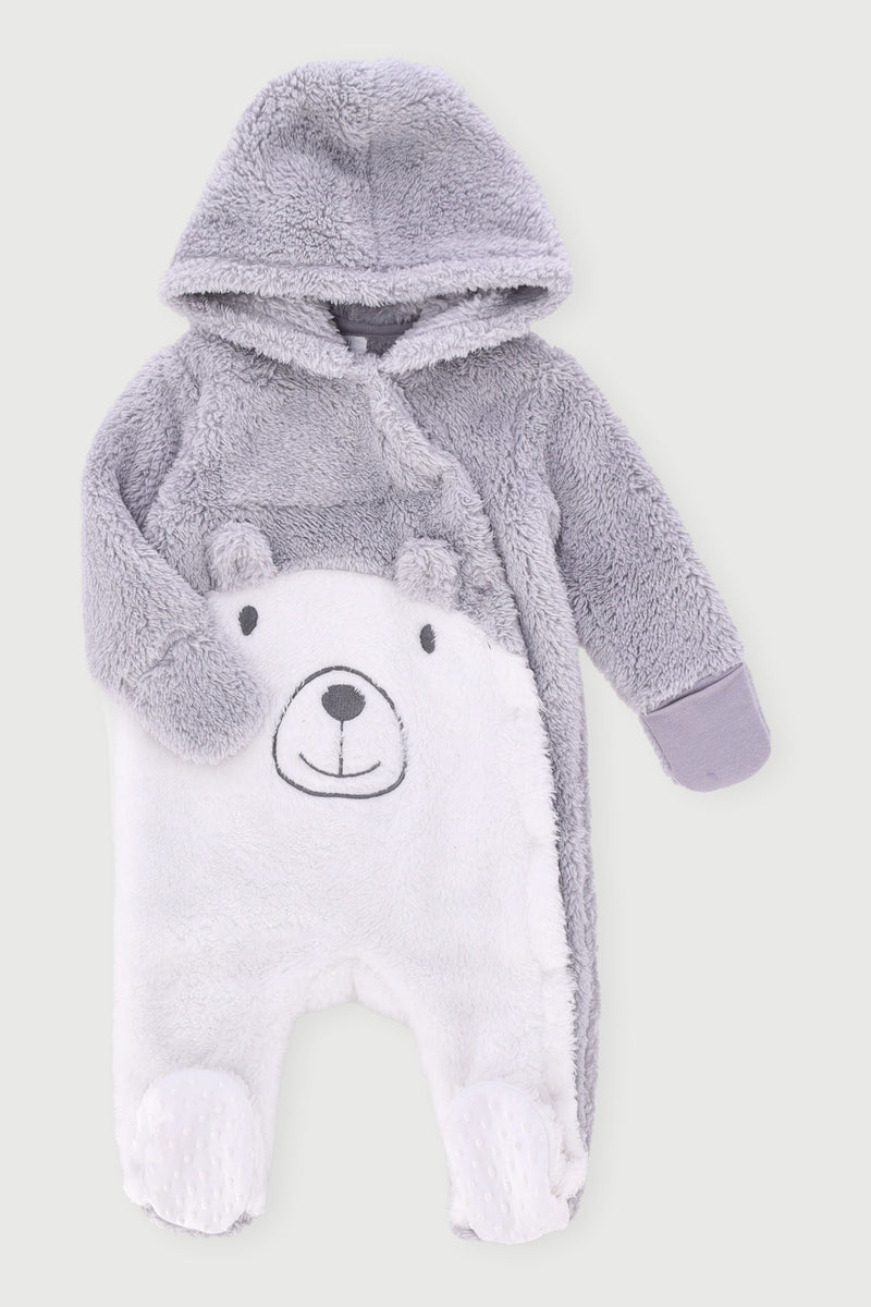 Baby Boys Sherpa Novelty Hooded Sleepsuit - Grey