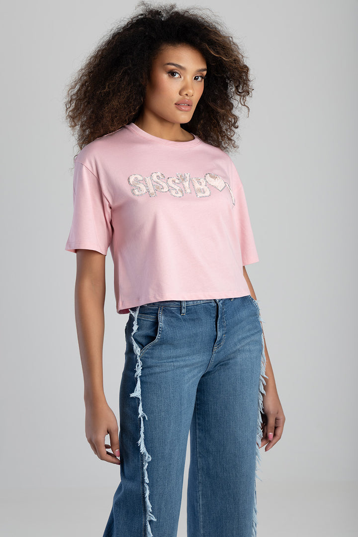 Call Me Yours Textured Bling Logo Boxy Top - Pink