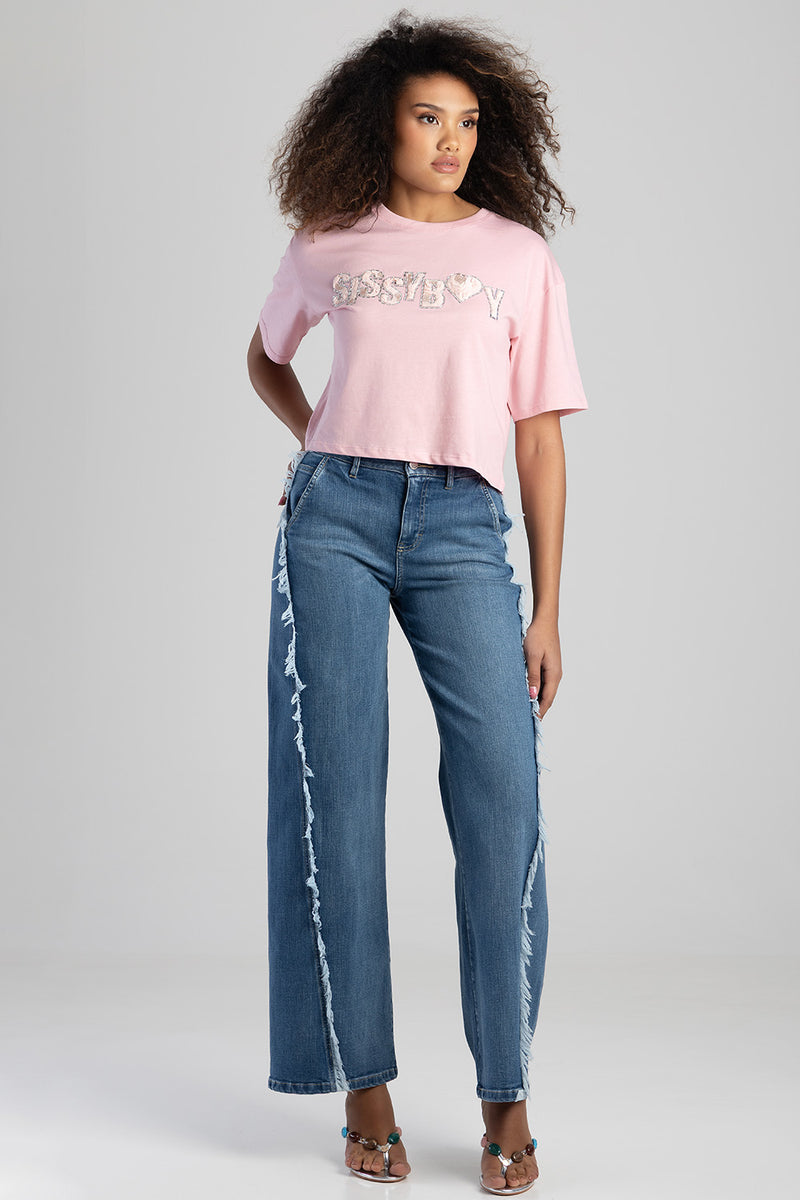 Call Me Yours Textured Bling Logo Boxy Top - Pink