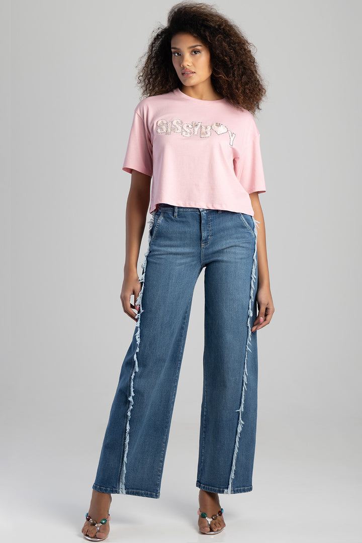 Call Me Yours Textured Bling Logo Boxy Top - Pink