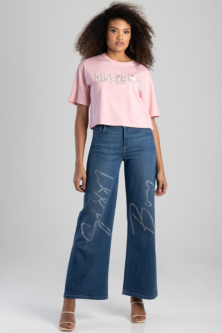 Call Me Yours Textured Bling Logo Boxy Top - Pink