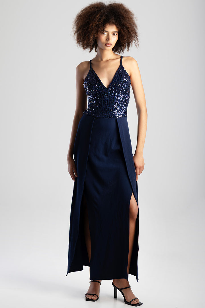 V-Neck Slit Detail Maxi Dress  - Navy