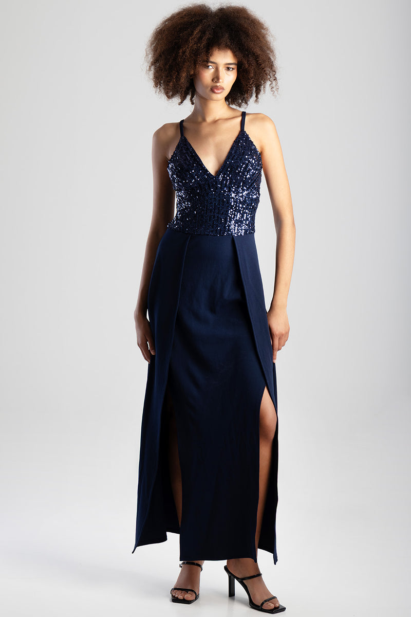 V-Neck Slit Detail Maxi Dress  - Navy