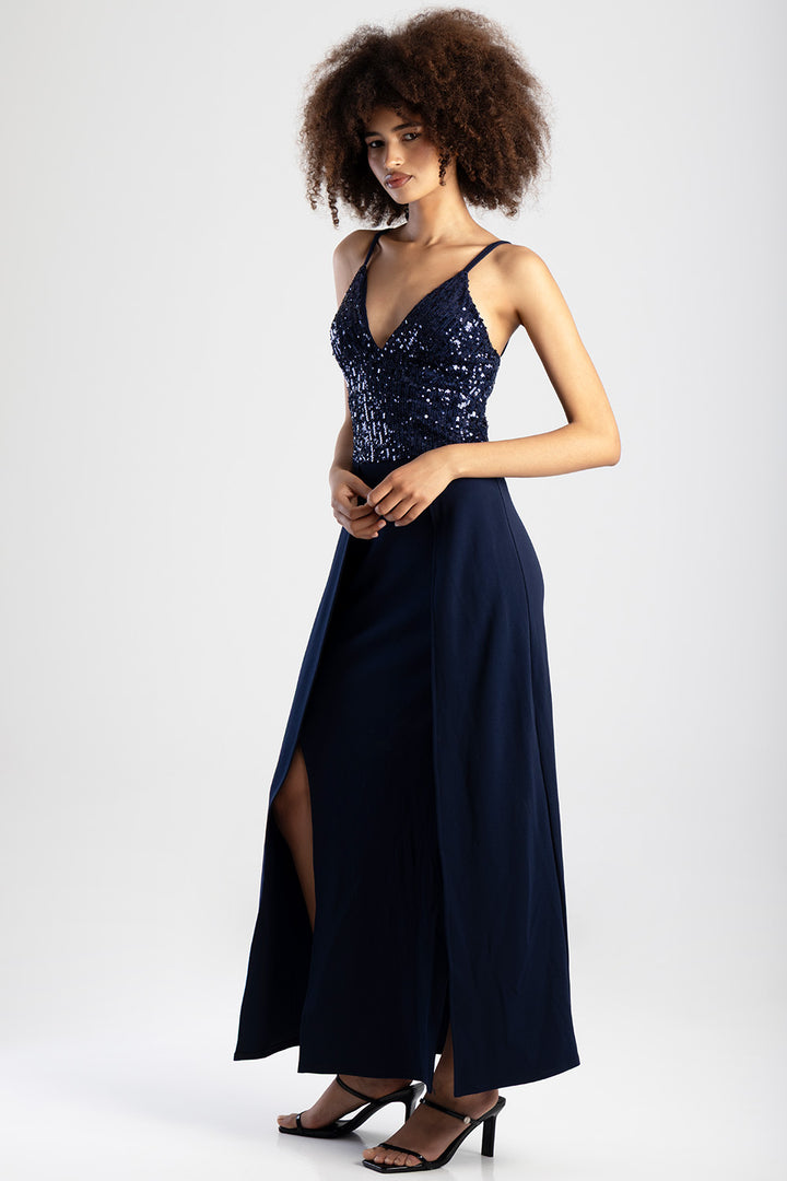 V-Neck Slit Detail Maxi Dress  - Navy