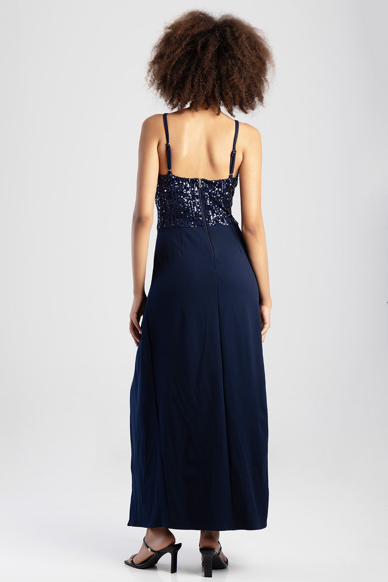 V-Neck Slit Detail Maxi Dress  - Navy
