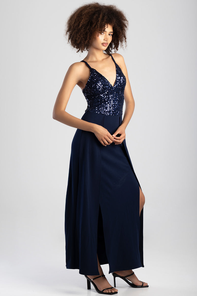 V-Neck Slit Detail Maxi Dress  - Navy