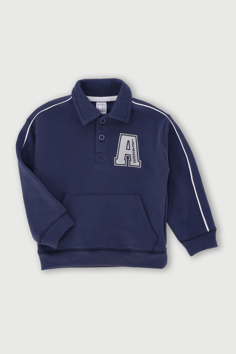 Pre-Boys Collegiate Piped Embroidered Crew Top - Navy