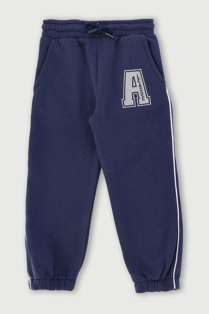 Pre-Boys Collegiate Wide Leg Piped Embroidered Jogger - Navy