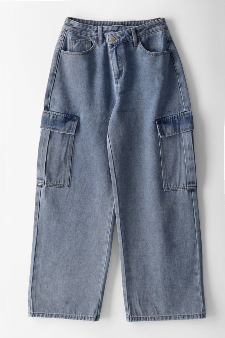 Girls Asymetrical Waistband Cargo Pocket Jean - Stonewash