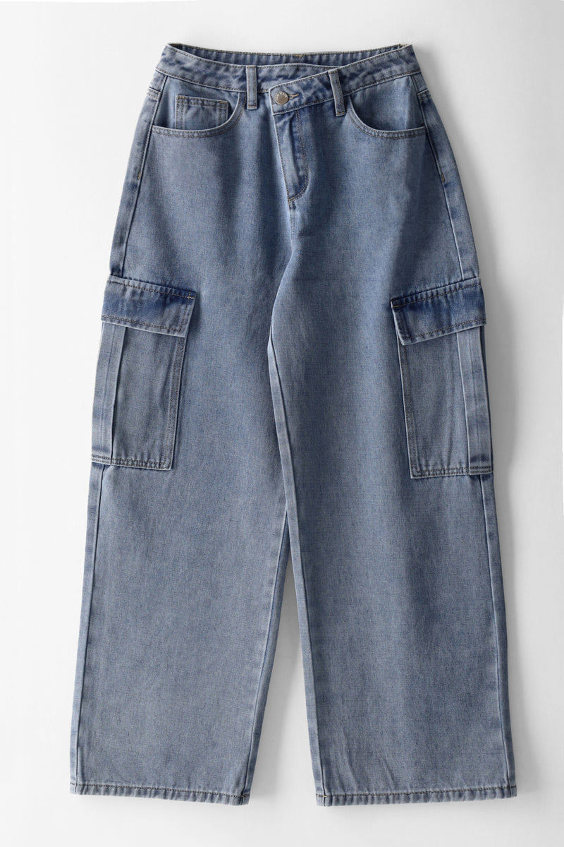Girls Asymetrical Waistband Cargo Pocket Jean - Stonewash