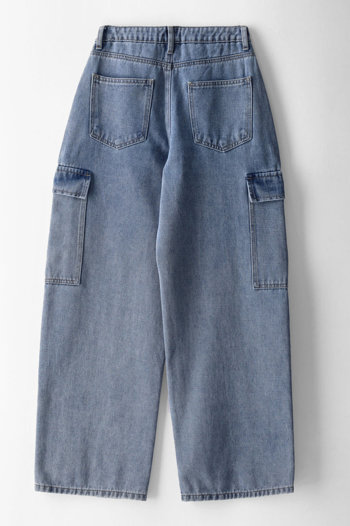 Girls Asymetrical Waistband Cargo Pocket Jean - Stonewash
