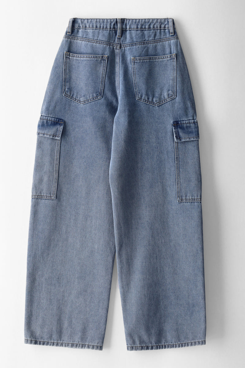 Girls Asymetrical Waistband Cargo Pocket Jean - Stonewash