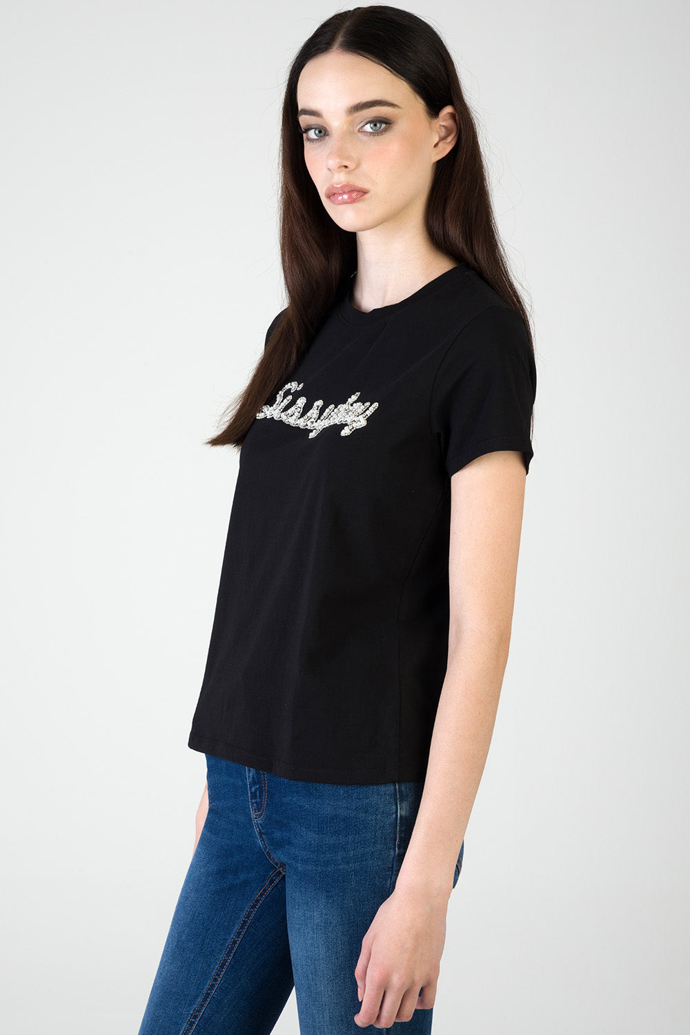 Keep It Cool: Regular T-Shirt With Raised Pearl Detail - Black
