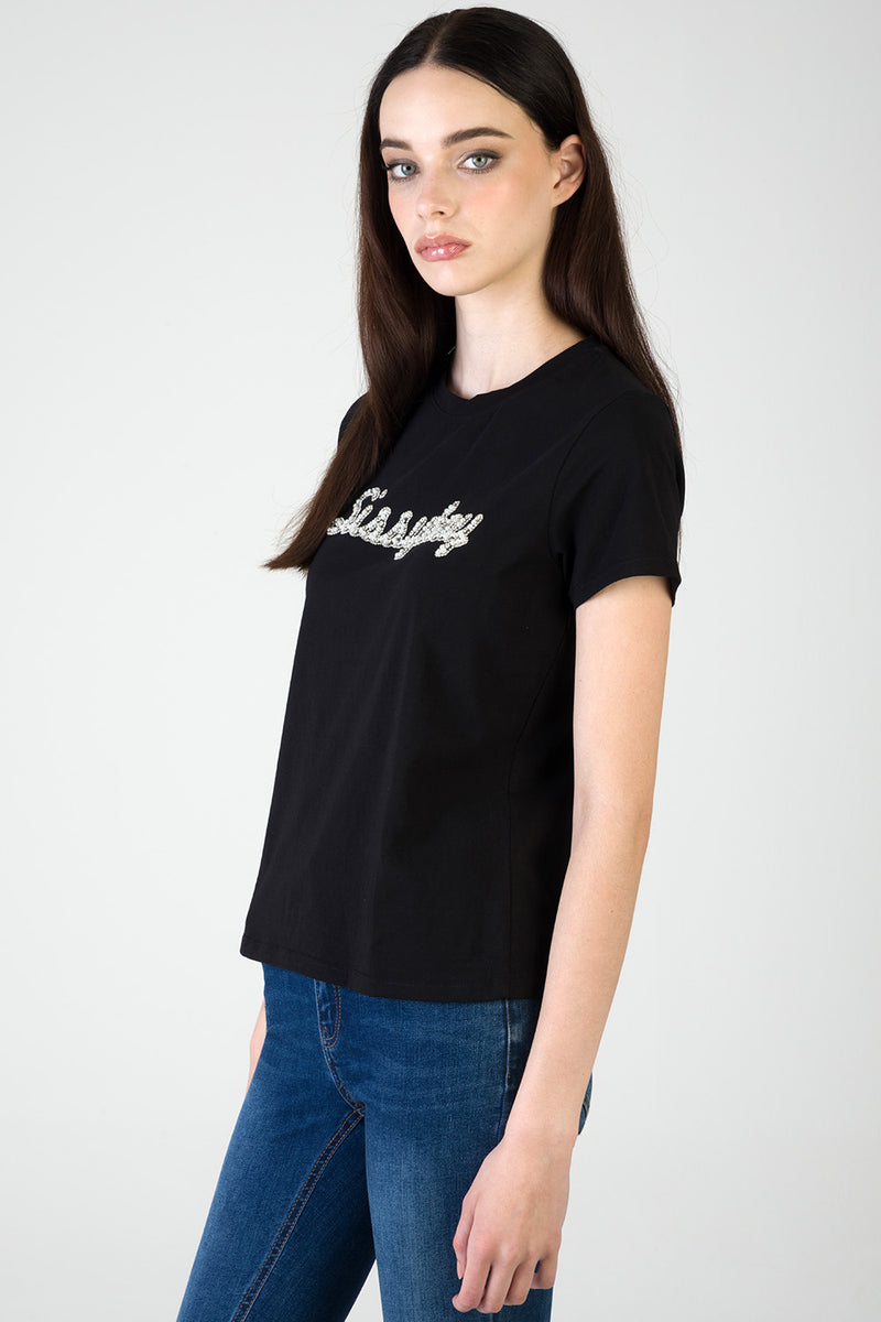 Keep It Cool: Regular T-Shirt With Raised Pearl Detail - Black