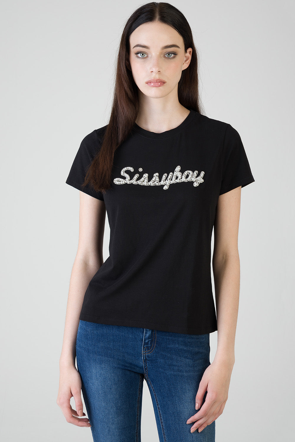 Keep It Cool: Regular T-Shirt With Raised Pearl Detail - Black