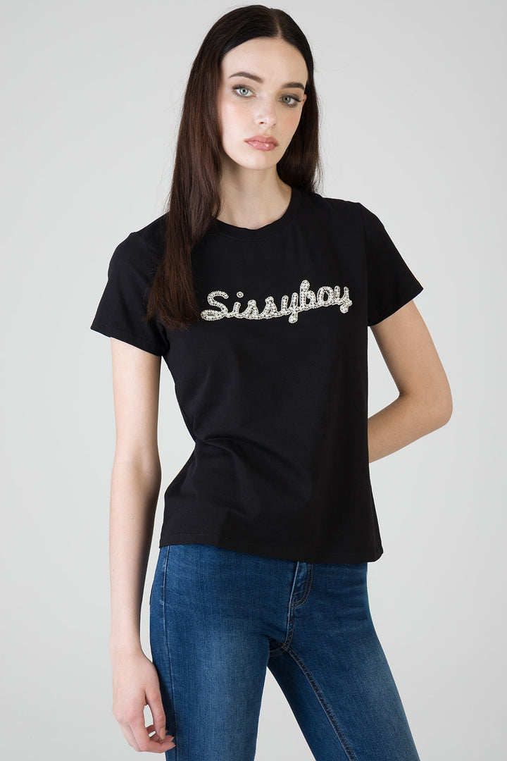 Keep It Cool: Regular T-Shirt With Raised Pearl Detail - Black