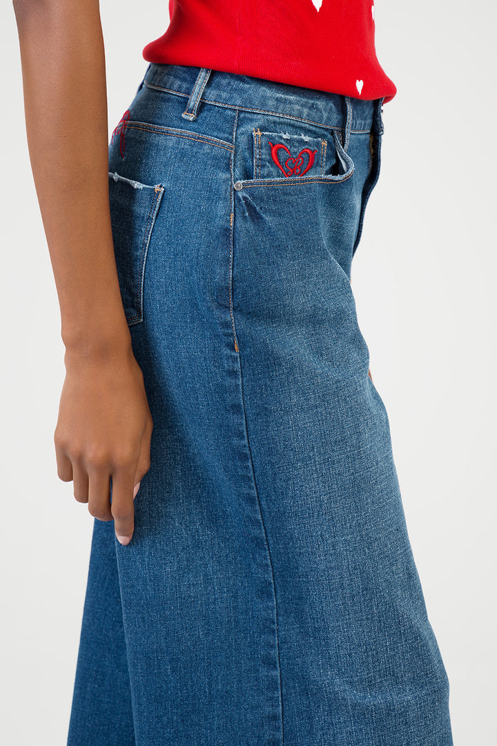 Sloane: Mid Waist Embroidered Detail Wide Leg Denim - Dark Wash