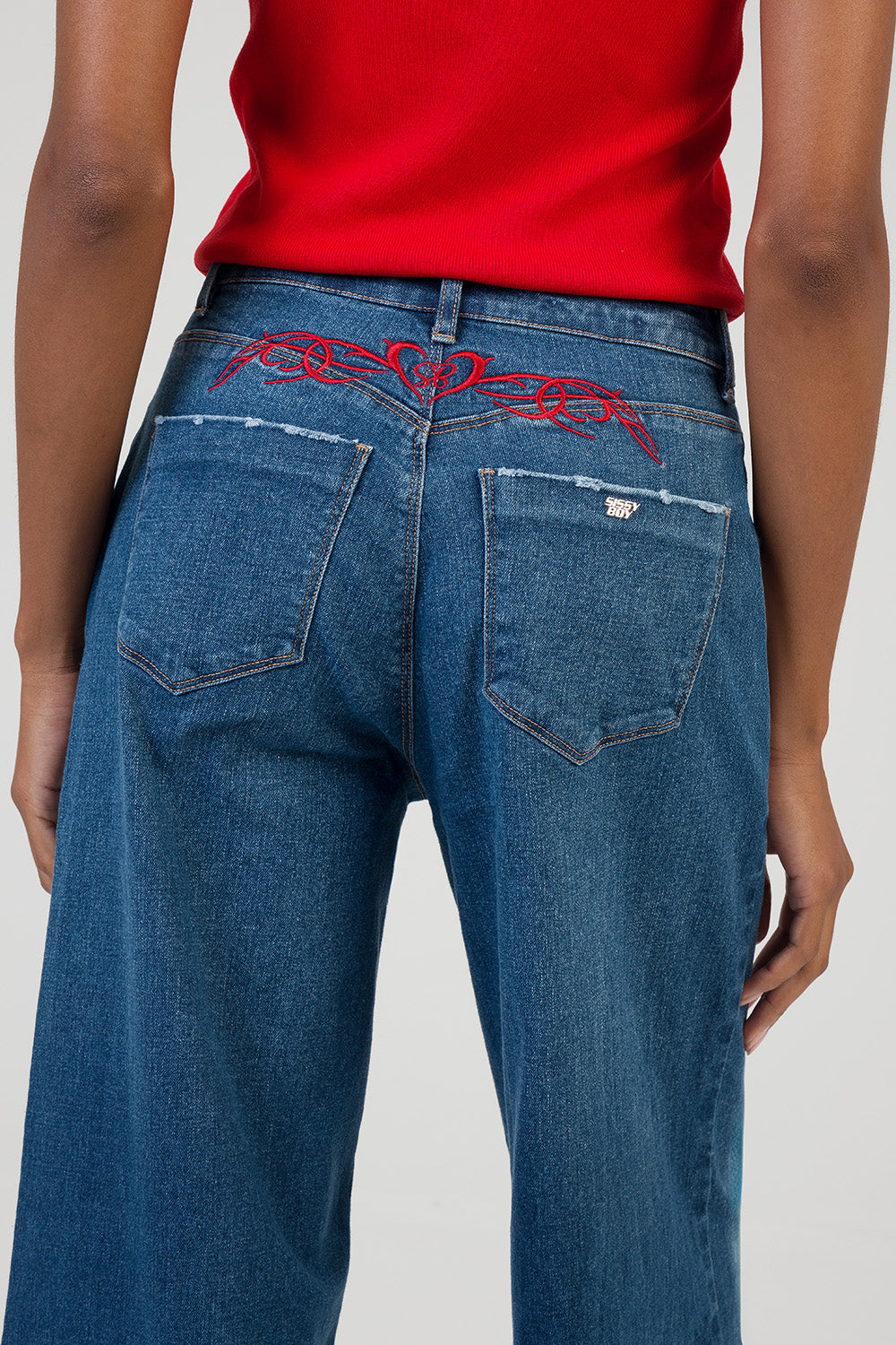 Sloane: Mid Waist Embroidered Detail Wide Leg Denim - Dark Wash