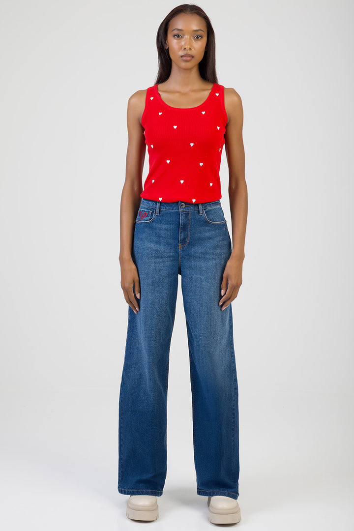 Sloane: Mid Waist Embroidered Detail Wide Leg Denim - Dark Wash