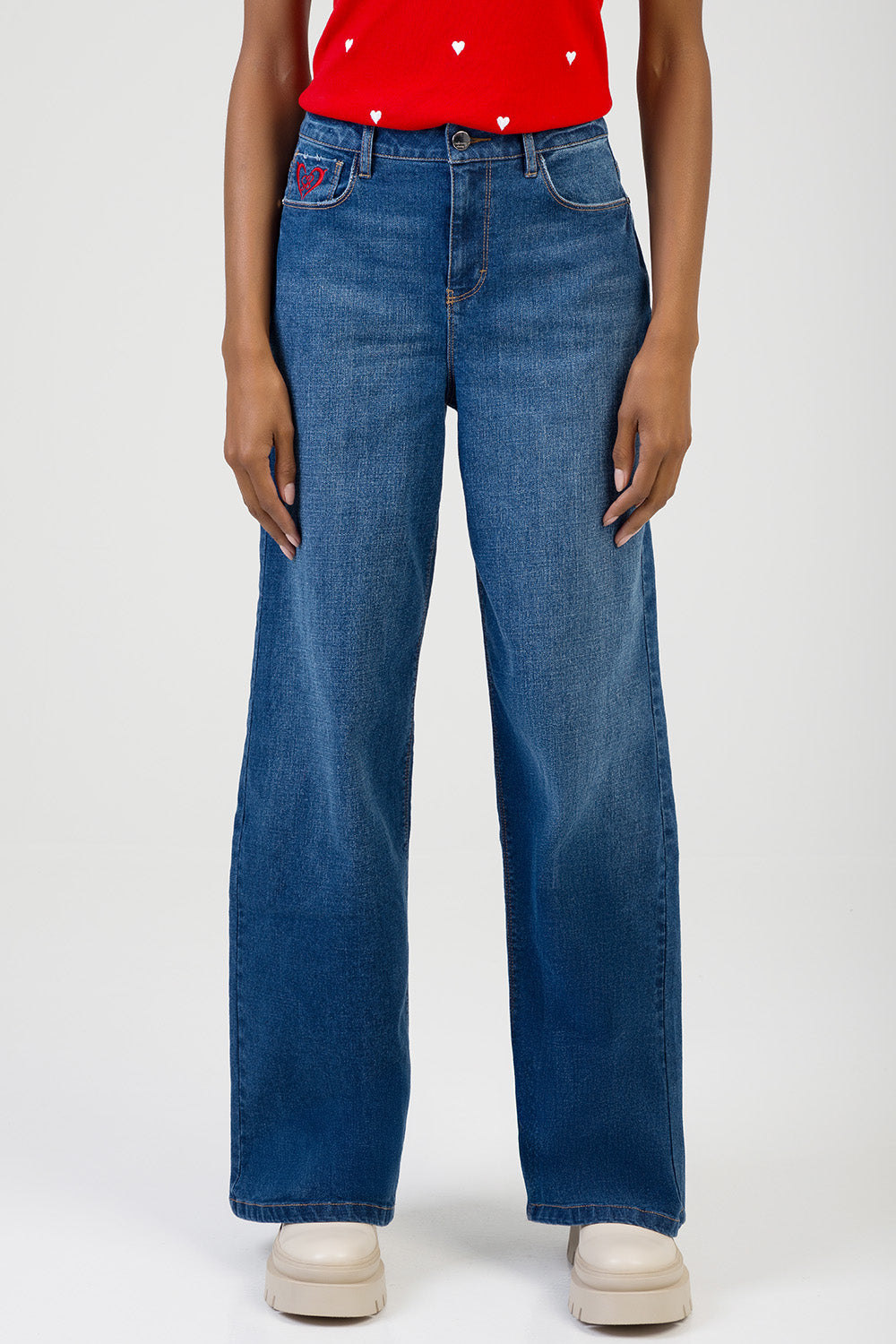 Sloane: Mid Waist Embroidered Detail Wide Leg Denim - Dark Wash