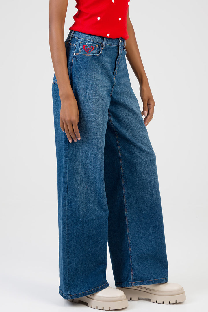 Sloane: Mid Waist Embroidered Detail Wide Leg Denim - Dark Wash