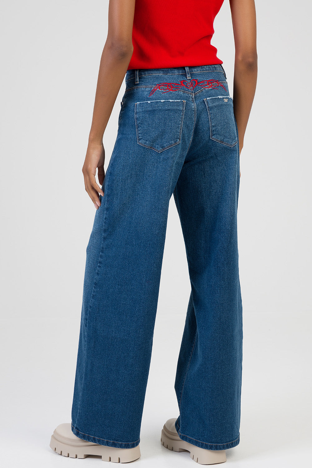 Sloane: Mid Waist Embroidered Detail Wide Leg Denim - Dark Wash