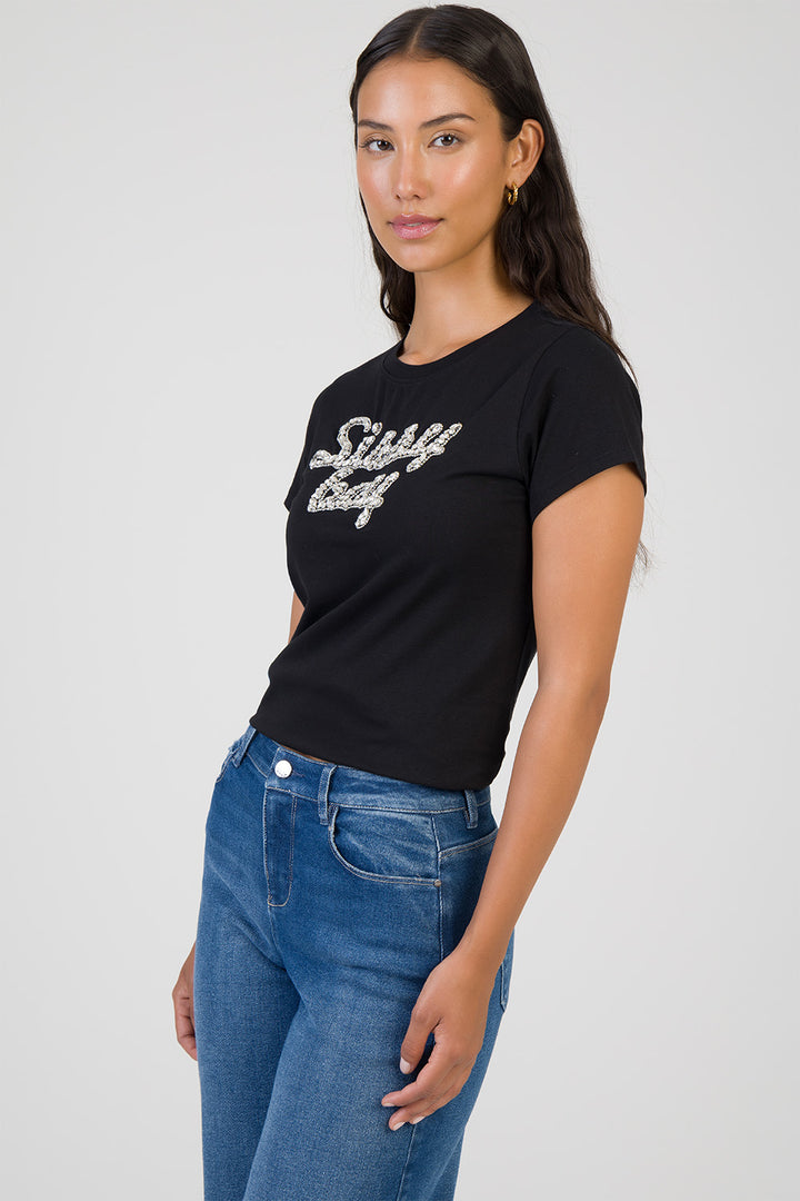 Glow On Raised Bling Logo Regular T-Shirt - Black