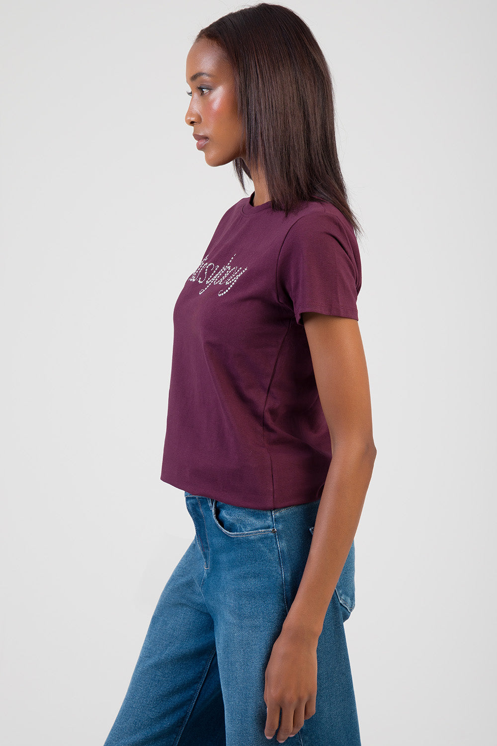 All Eyes On You Stud & Bling Regular T-Shirt - Burgundy