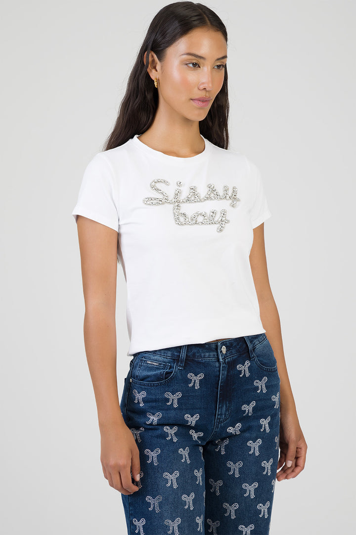 Glow On Raised Bling Logo Regular T-Shirt - White