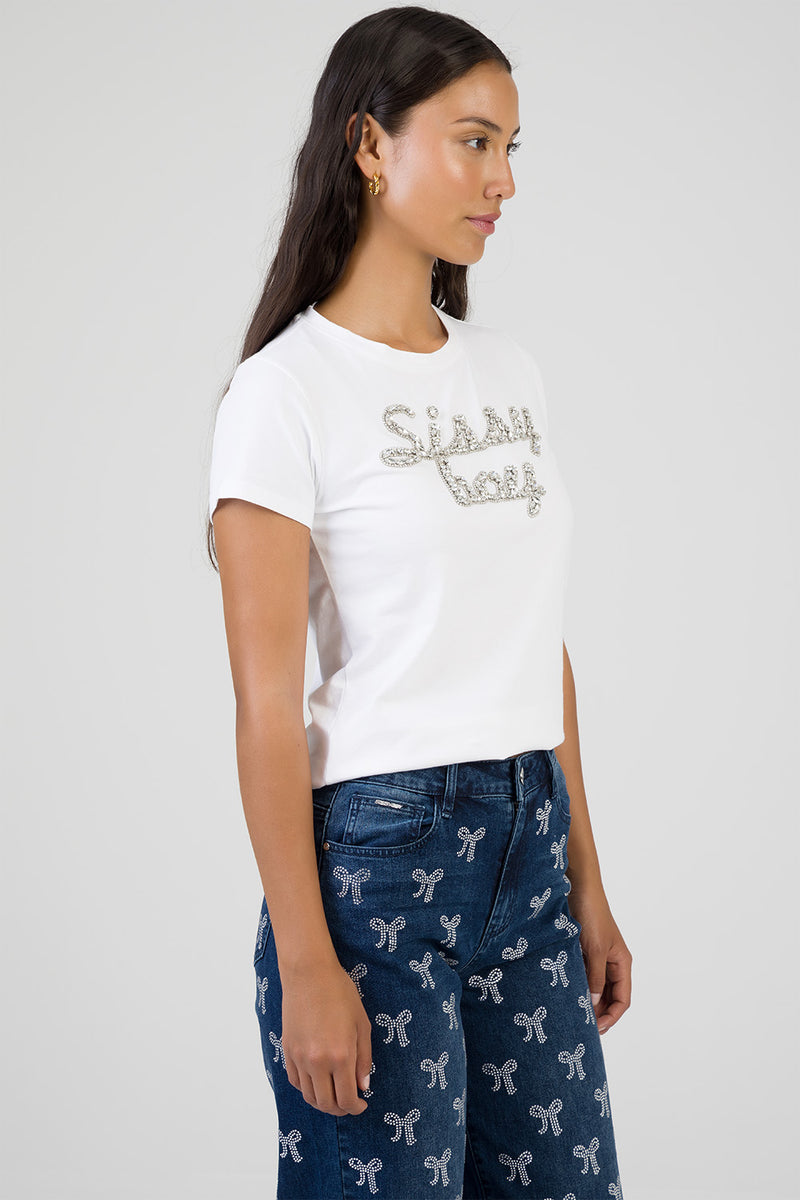 Glow On Raised Bling Logo Regular T-Shirt - White