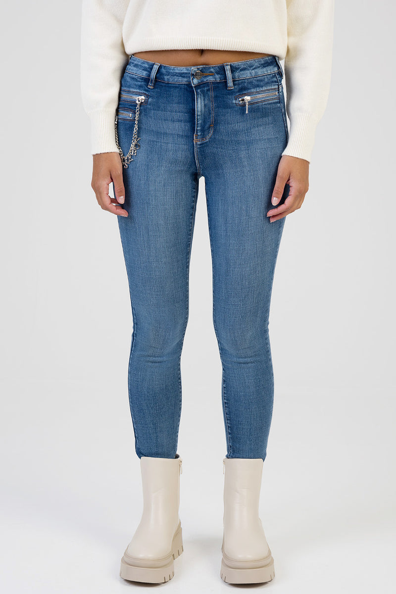Lena Zip & Chain Detail Mid Wasit Skinny Denim - Dark Wash