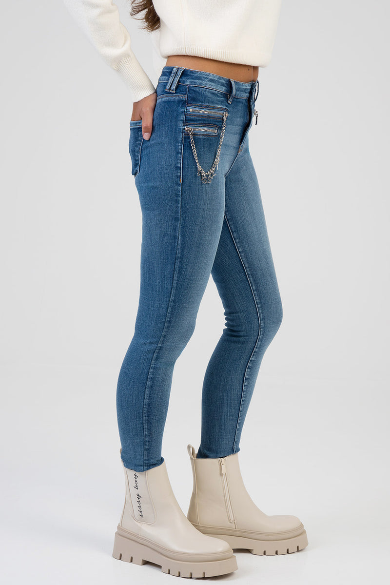 Lena Zip & Chain Detail Mid Wasit Skinny Denim - Dark Wash