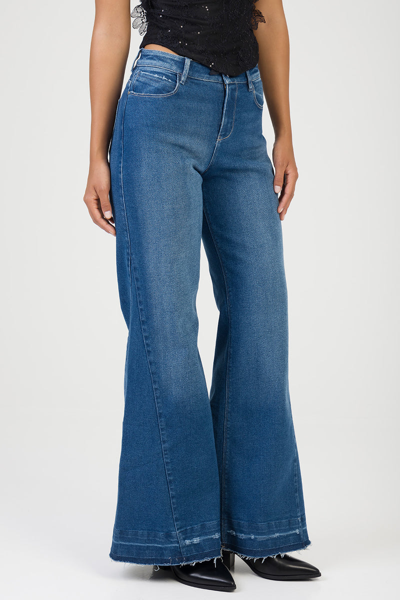 Gia Mid Waist Cropped Wide Leg Denim With Thick Hem - Dark Wash