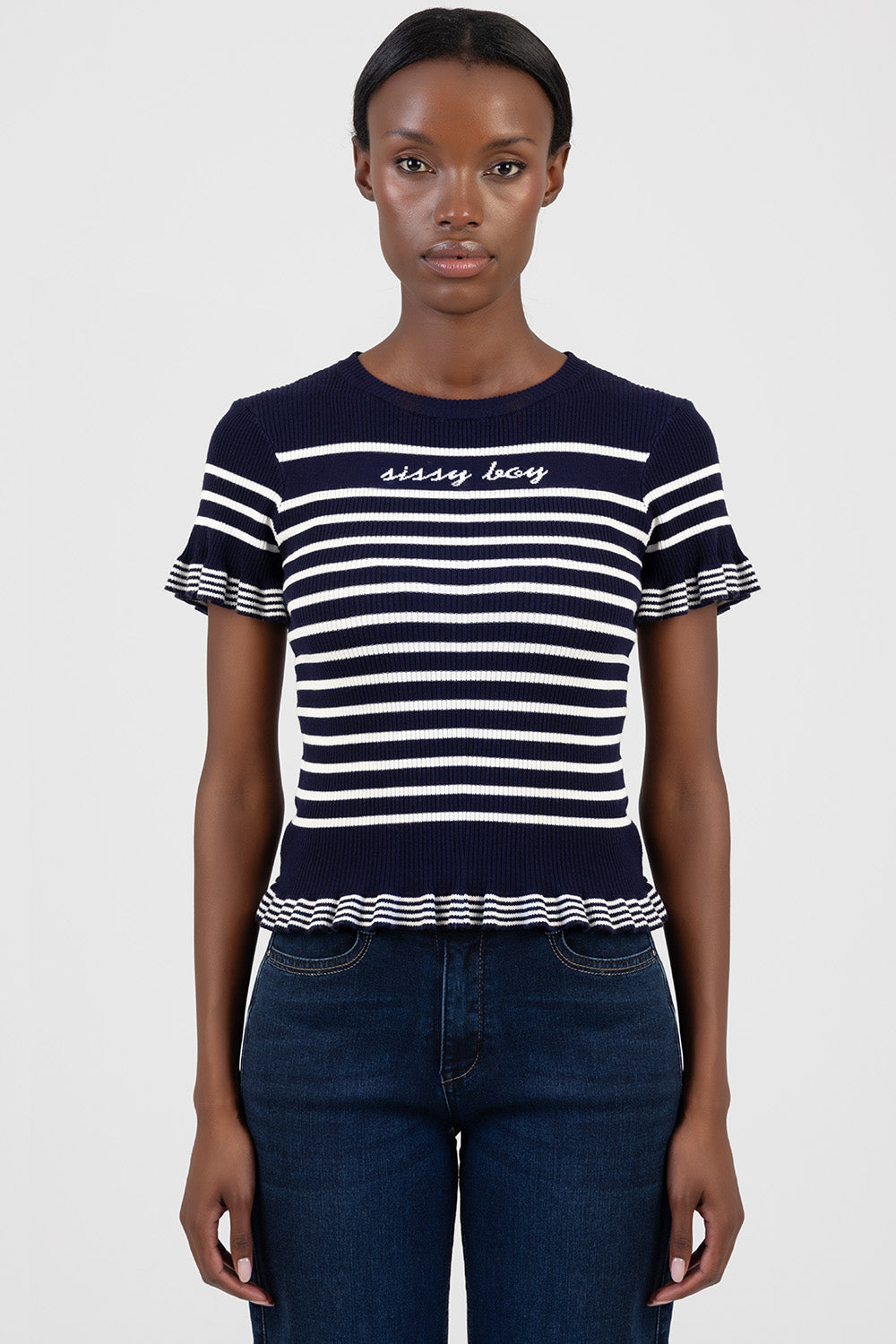 Sweet Nothings Short Sleeve Striped Knitwear Top - Navy/White