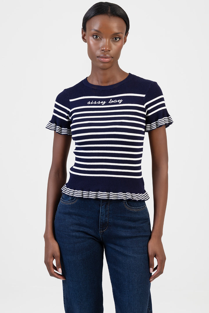 Sweet Nothings Short Sleeve Striped Knitwear Top - Navy/White