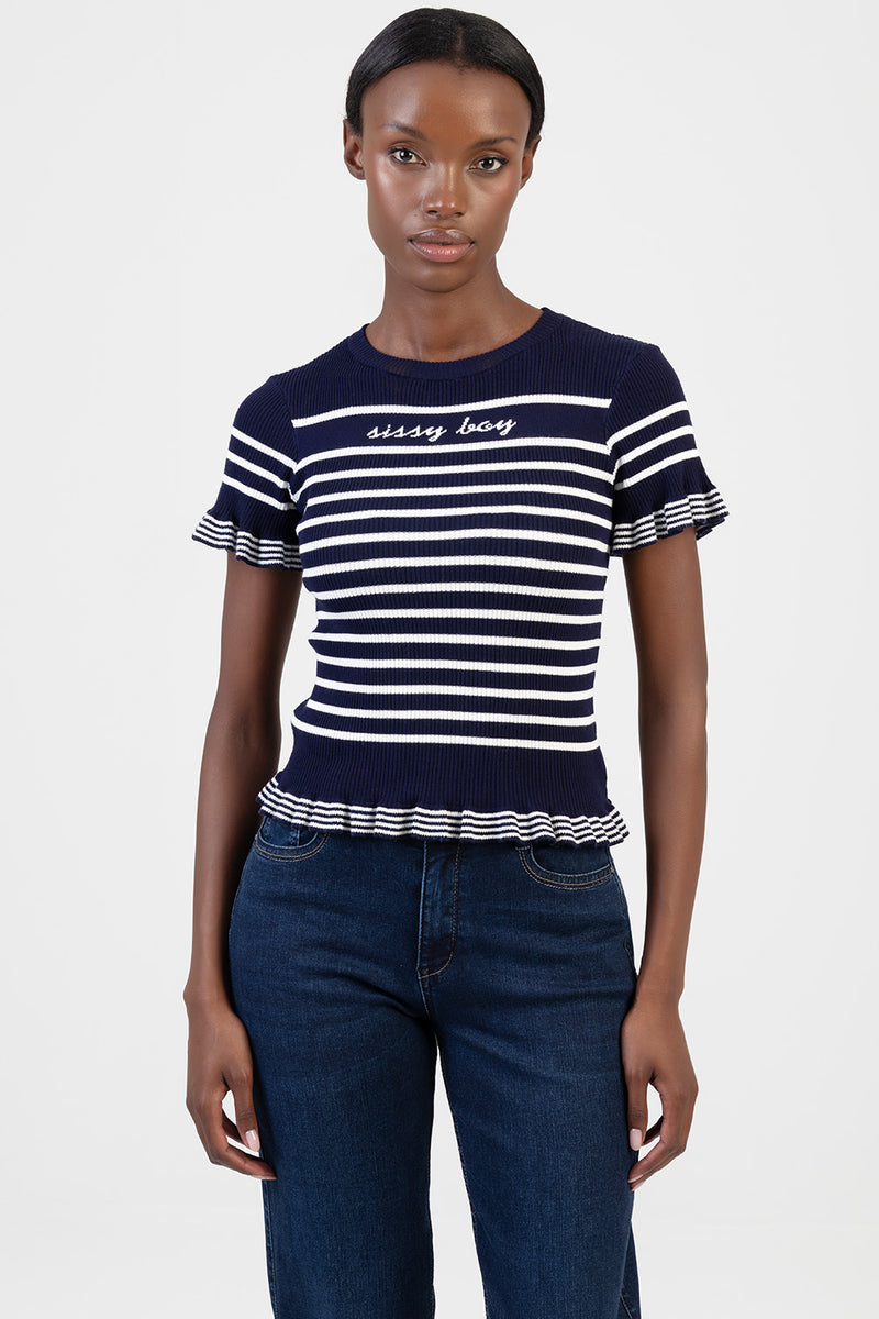 Sweet Nothings Short Sleeve Striped Knitwear Top - Navy/White
