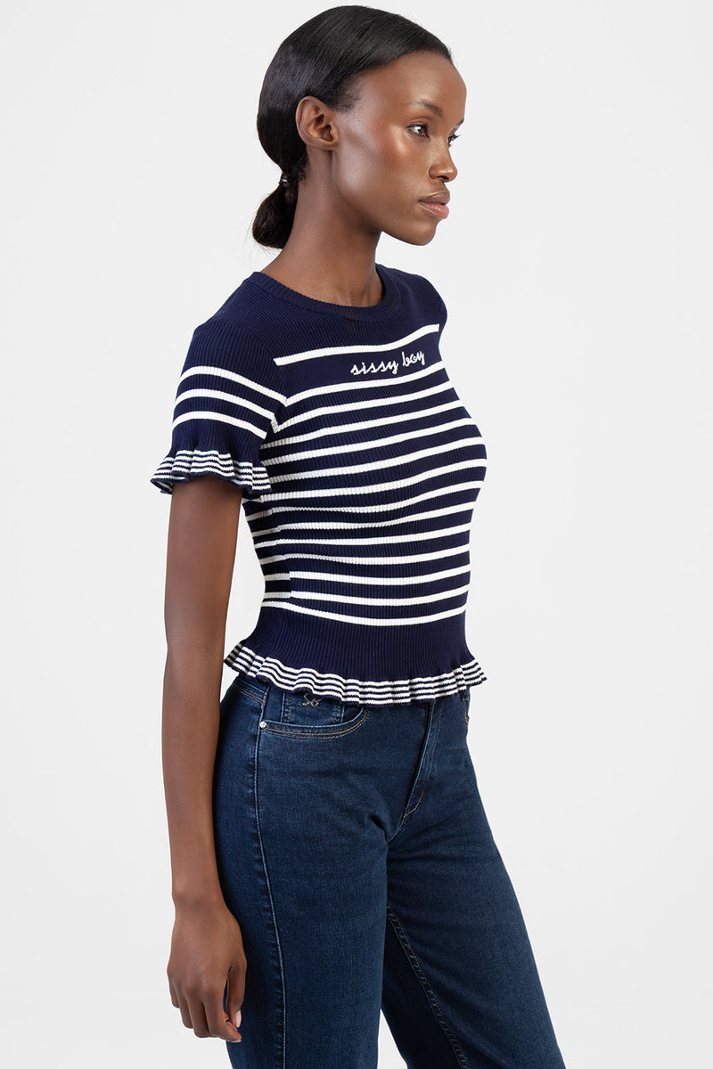 Sweet Nothings Short Sleeve Striped Knitwear Top - Navy/White