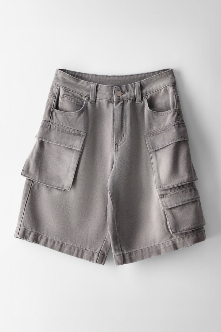 Girls Multi Cargo Jort - Grey Wash