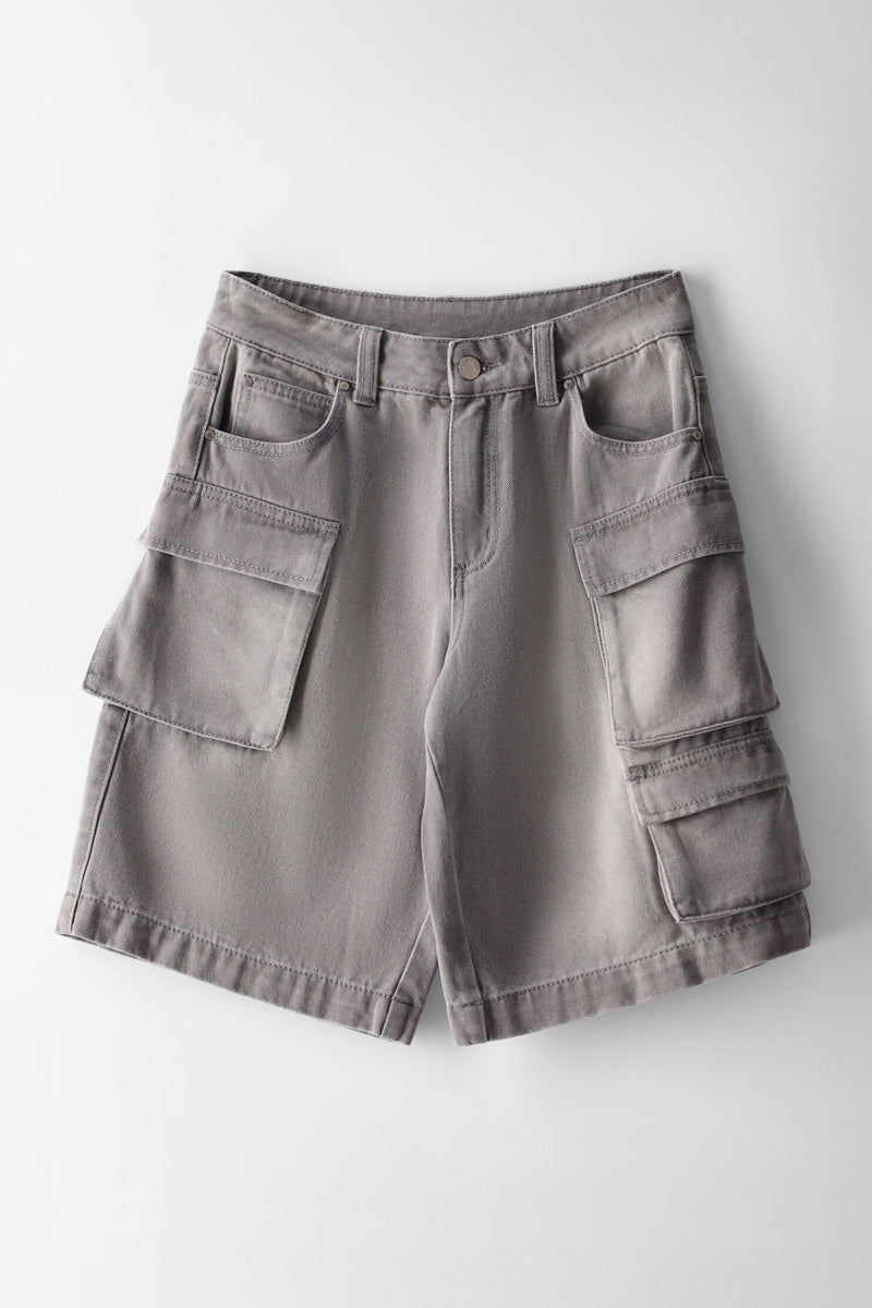 Girls Multi Cargo Jort - Grey Wash