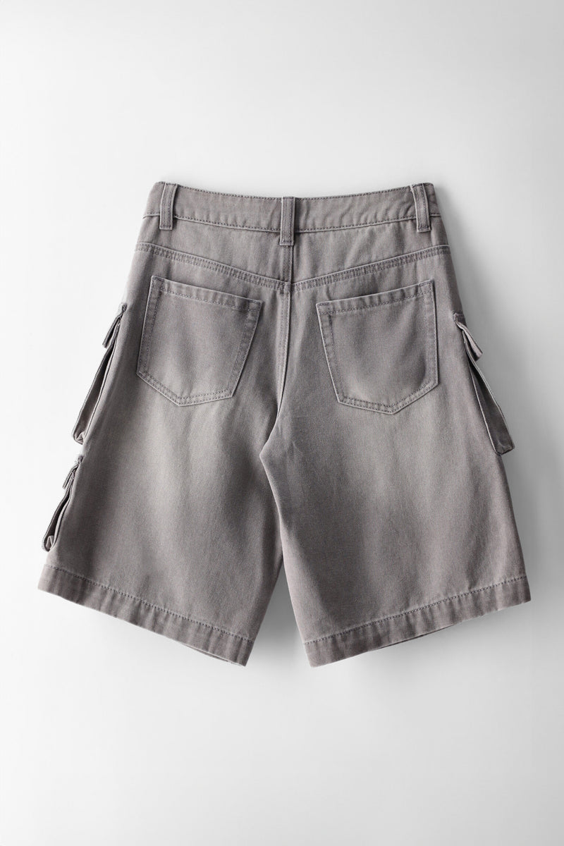 Girls Multi Cargo Jort - Grey Wash