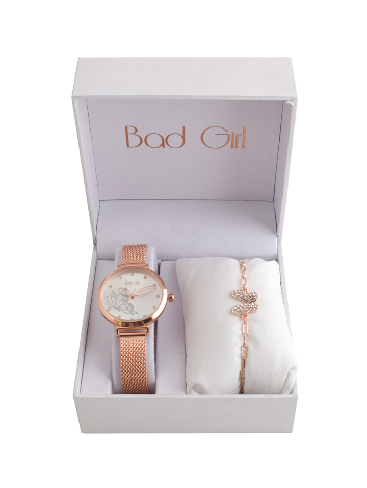 Butterfly Mesh Watch & Bracelet Set - Rose Gold