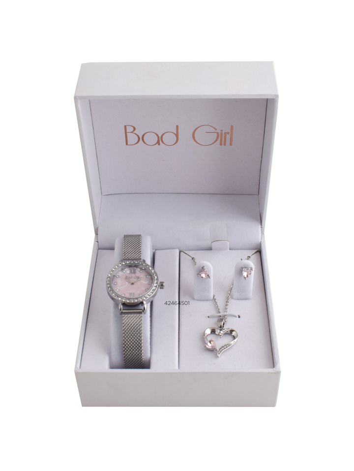 Hearts Mesh Watch & Jewellery Set - Silver