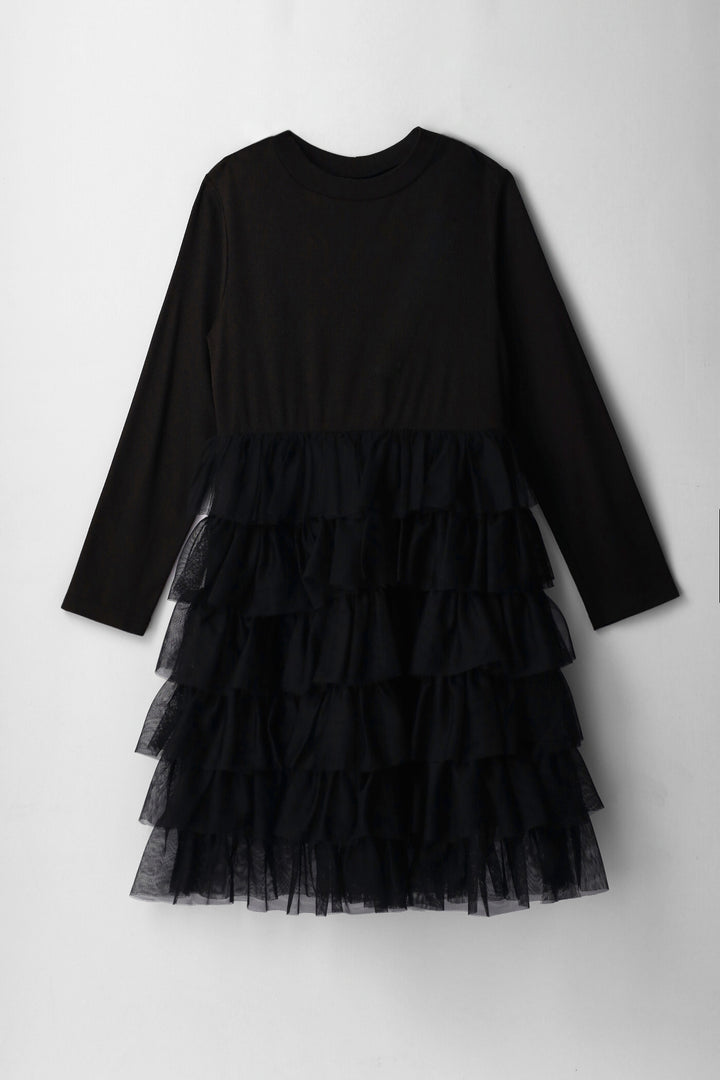 Girls Rib Combo Rara Mesh Dress - Black