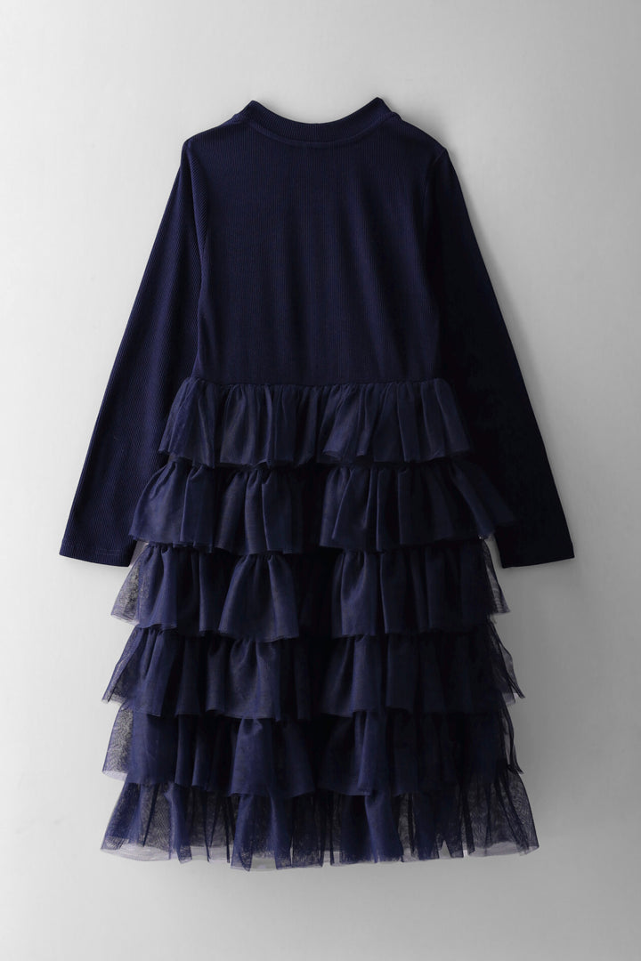 Girls Rib Combo Rara Mesh Dress - Navy